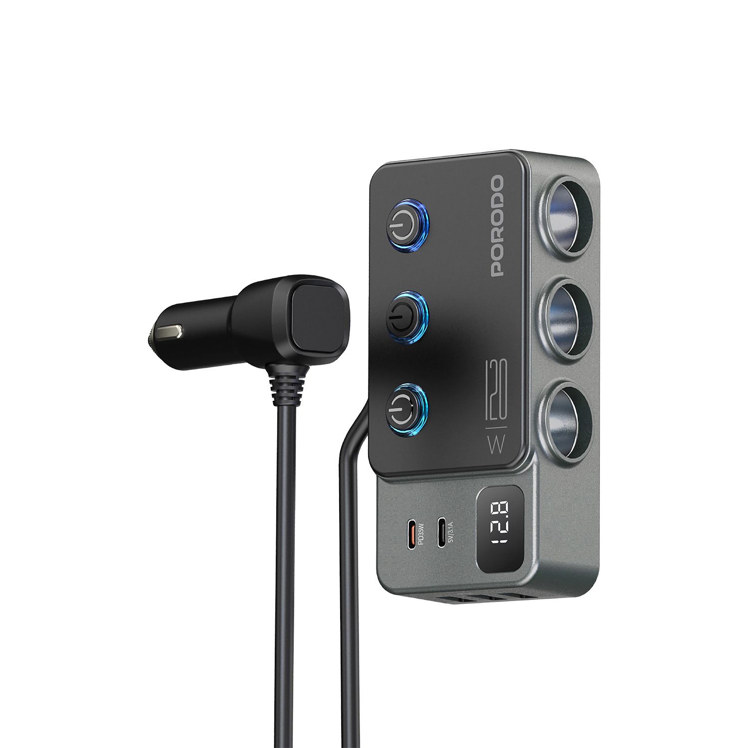 Porodo 120W Car Charger Hub with Triple-Port Lighter Sockets PDFWCH070DG12
